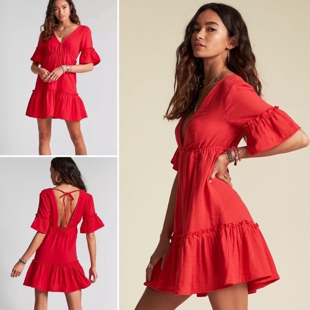 Billabong × Sincerely Jules Dress Red Open Back Ruffle Sleeve V-Neck Women Small